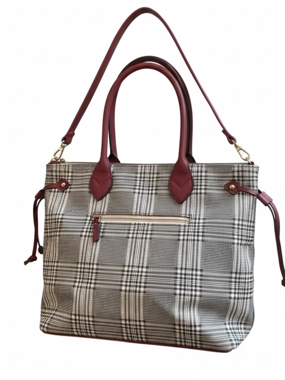 Plaid Tote with Burgundy Trim - Women's Handbag
